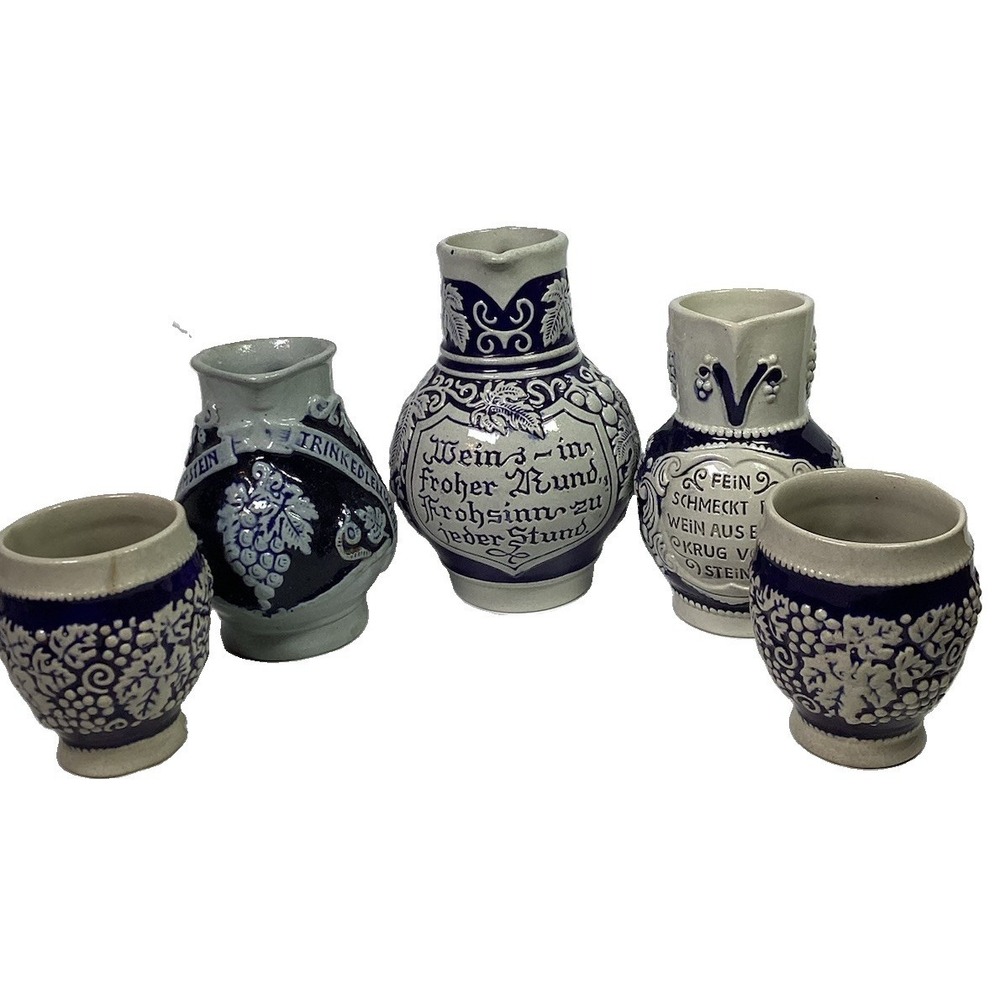 Vintage West Germany Cobalt Blue‎ Salt Glazed Stoneware Wine Jug Lot 5 German